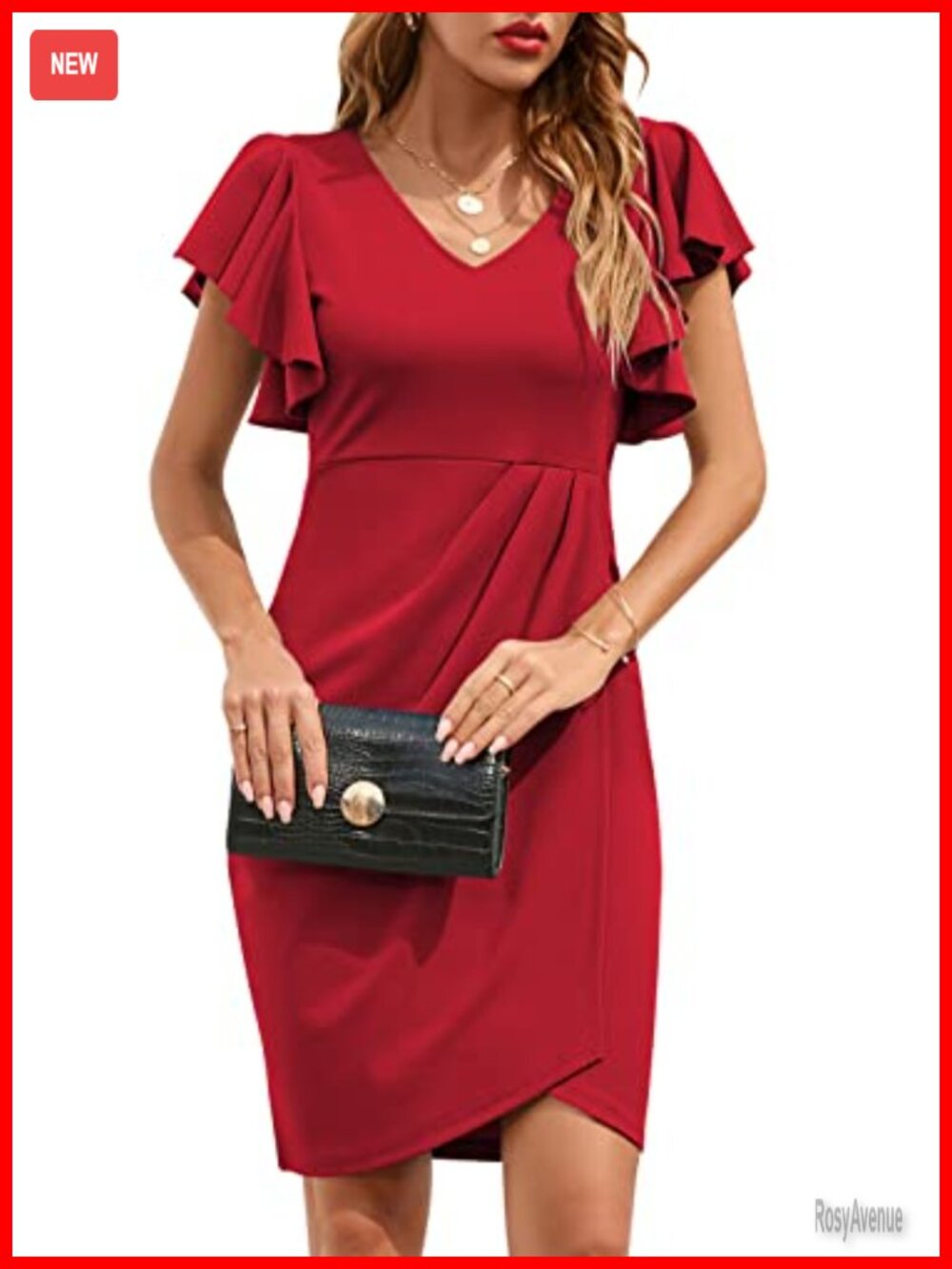 Faux Wrap Ruched Cocktail Dress V Neck Ruffle Sleeve Sheath Knee Length